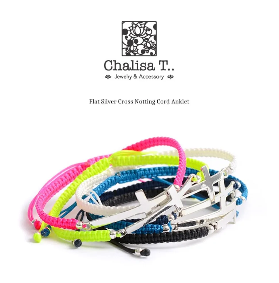 CHALISA T.. / Flattened Silver Cross Knotted Cord Anklet