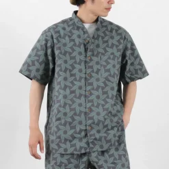 GOHEMP / Collarless Short Sleeve Shirt Tornado Print
