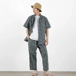 GOHEMP / Collarless Short Sleeve Shirt Tornado Print