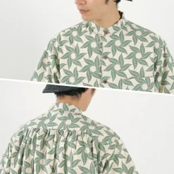 GOHEMP / Collarless Short Sleeve Shirt Tornado Print