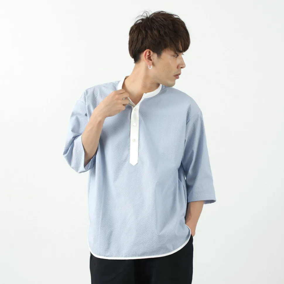 ROCOCO / Woven seersucker henley neck T-shirt