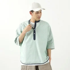 ROCOCO / Woven seersucker henley neck T-shirt