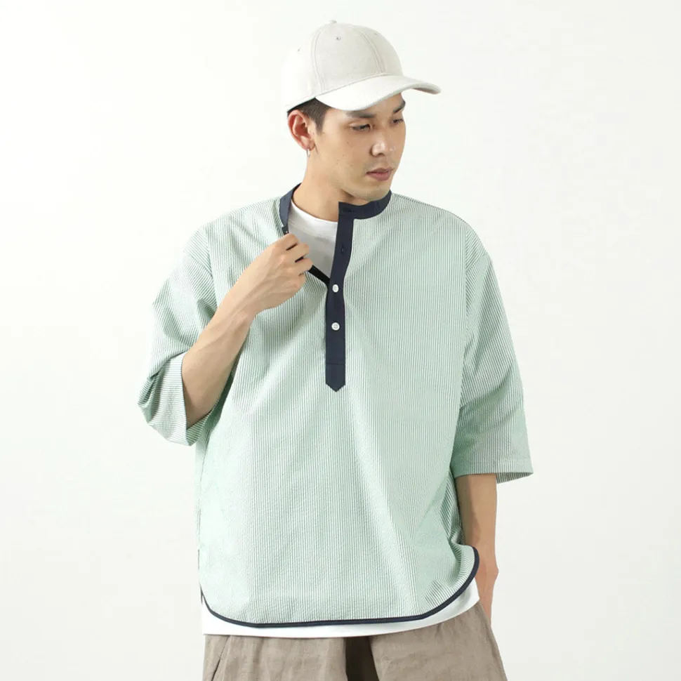 ROCOCO / Woven seersucker henley neck T-shirt