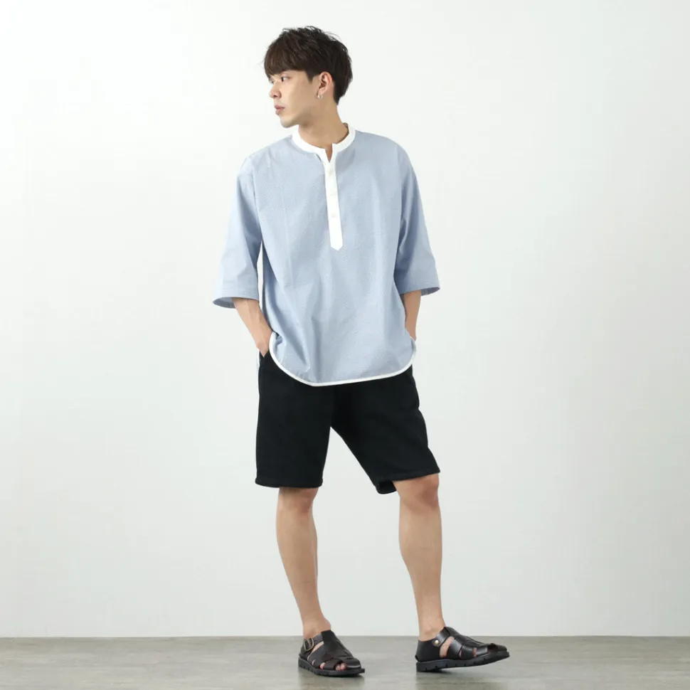 ROCOCO / Woven seersucker henley neck T-shirt